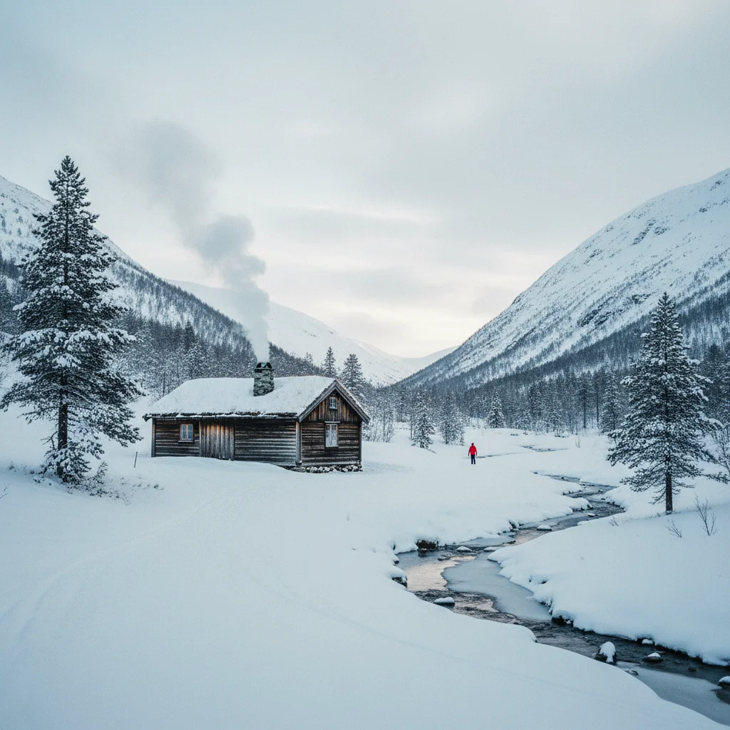 Norwegische Hytte in verschneiter Berglandschaft mit Rauch aus dem Schornstein