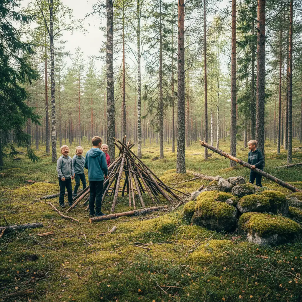 Kinder spielen im skandinavischen Wald und bauen Hütten aus Ästen
