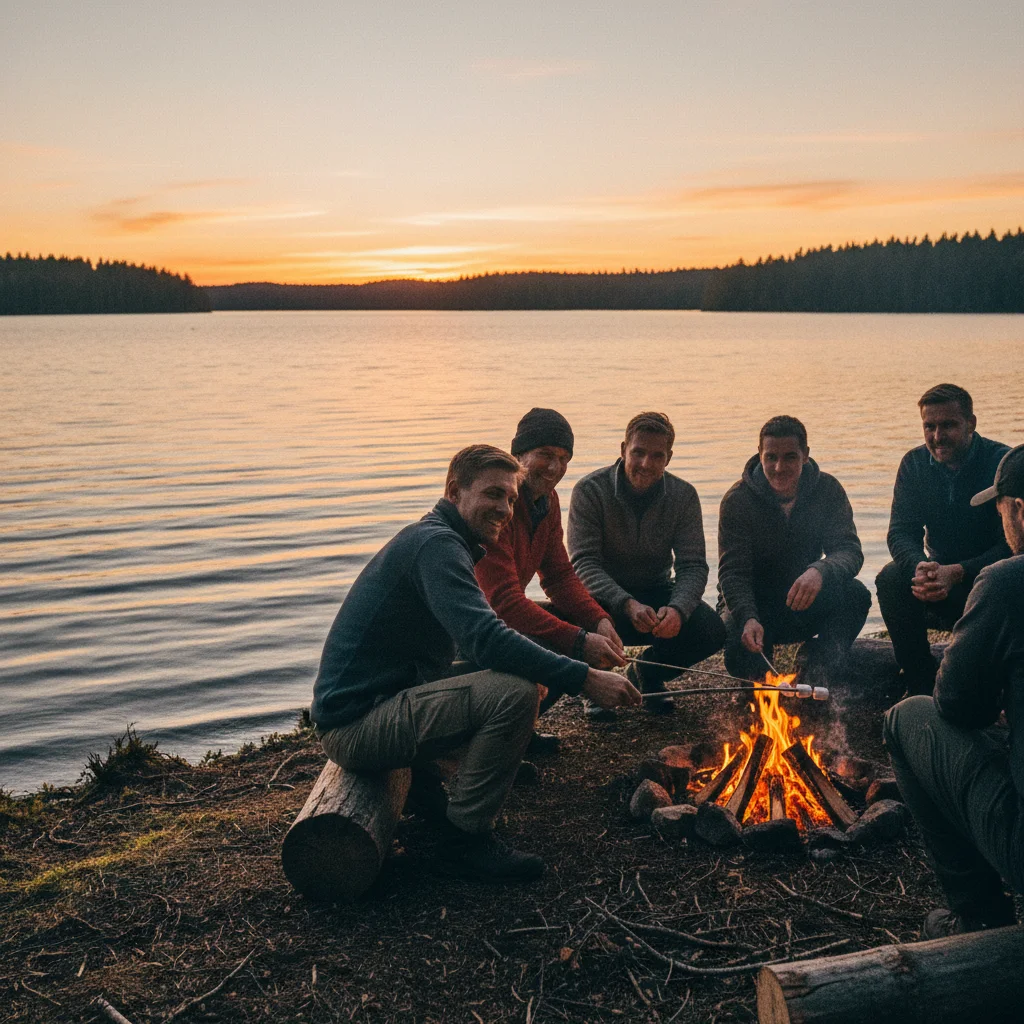 Menschen sitzen an einem Lagerfeuer an einem schwedischen See bei Sonnenuntergang