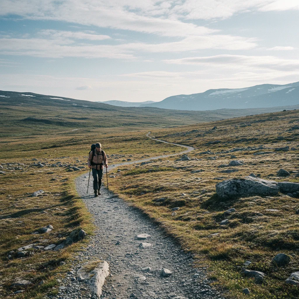 Wanderer auf einem Bergpfad im norwegischen Fjell mit weitem Blick über die Hochebene