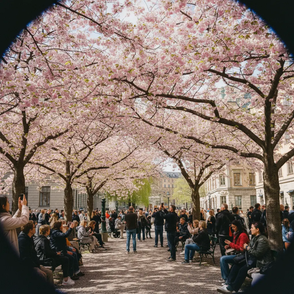 Blühende japanische Kirschbäume im Kungsträdgården in Stockholm mit rosa Blütendach über Spaziergängern
