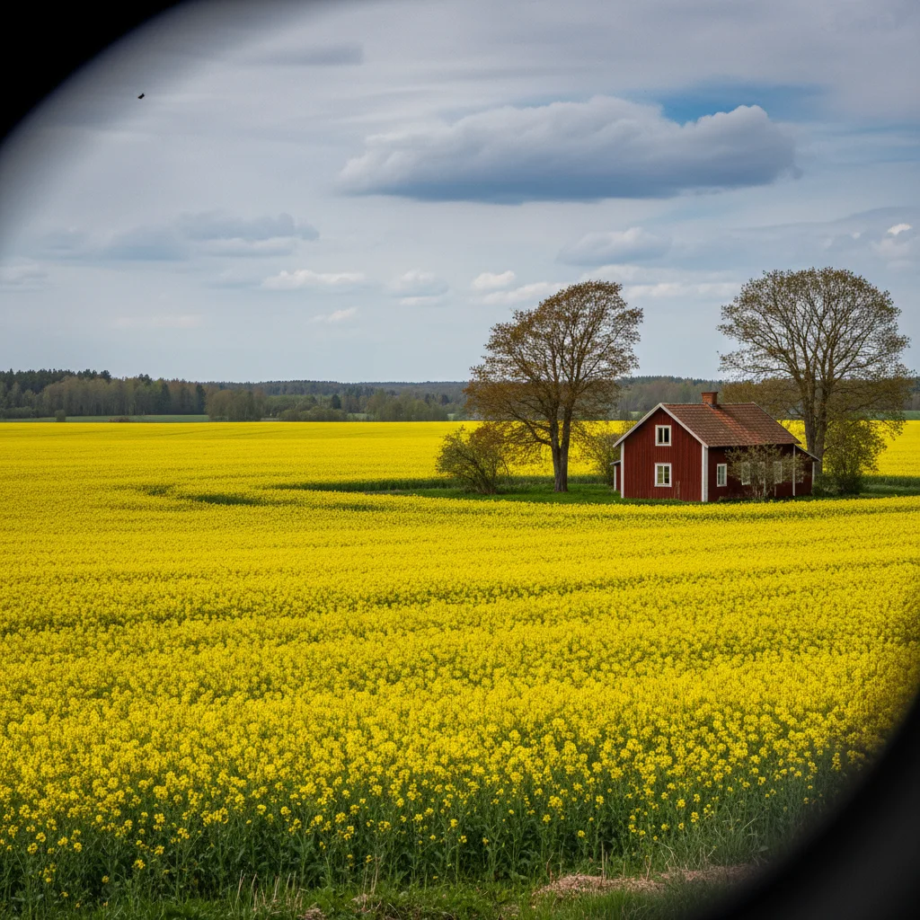 Leuchtend gelbes Rapsfeld unter blauem Himmel in der flachen Landschaft Skånes mit einem traditionellen Bauernhof im Hintergrund