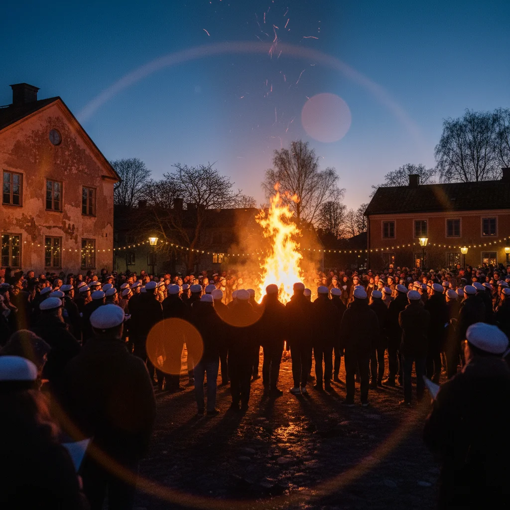 Großes Valborgfeuer auf einer Wiese mit Menschenmenge und Funken, die in den Abendhimmel steigen