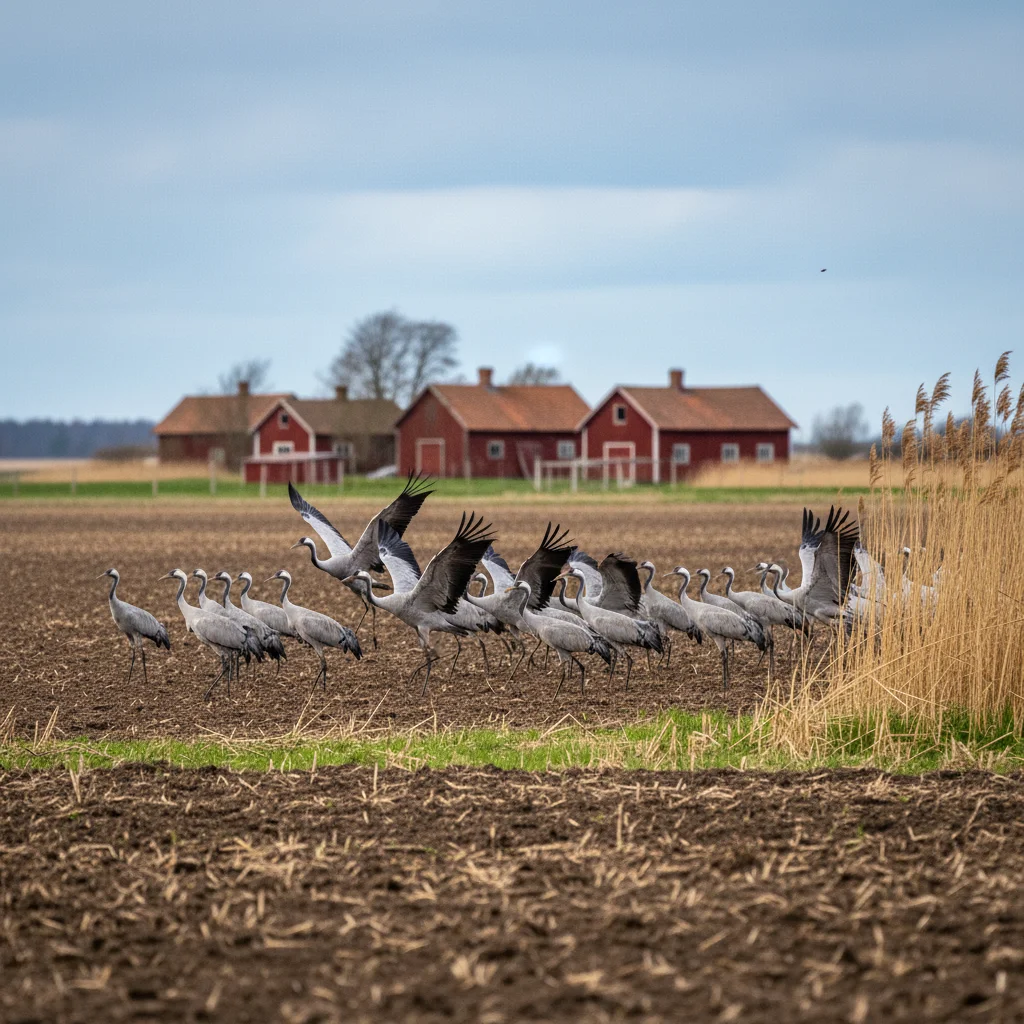 Kraniche auf einem Feld bei Hornborga in Västergötland, im Hintergrund fliegen weitere Kraniche in Formation