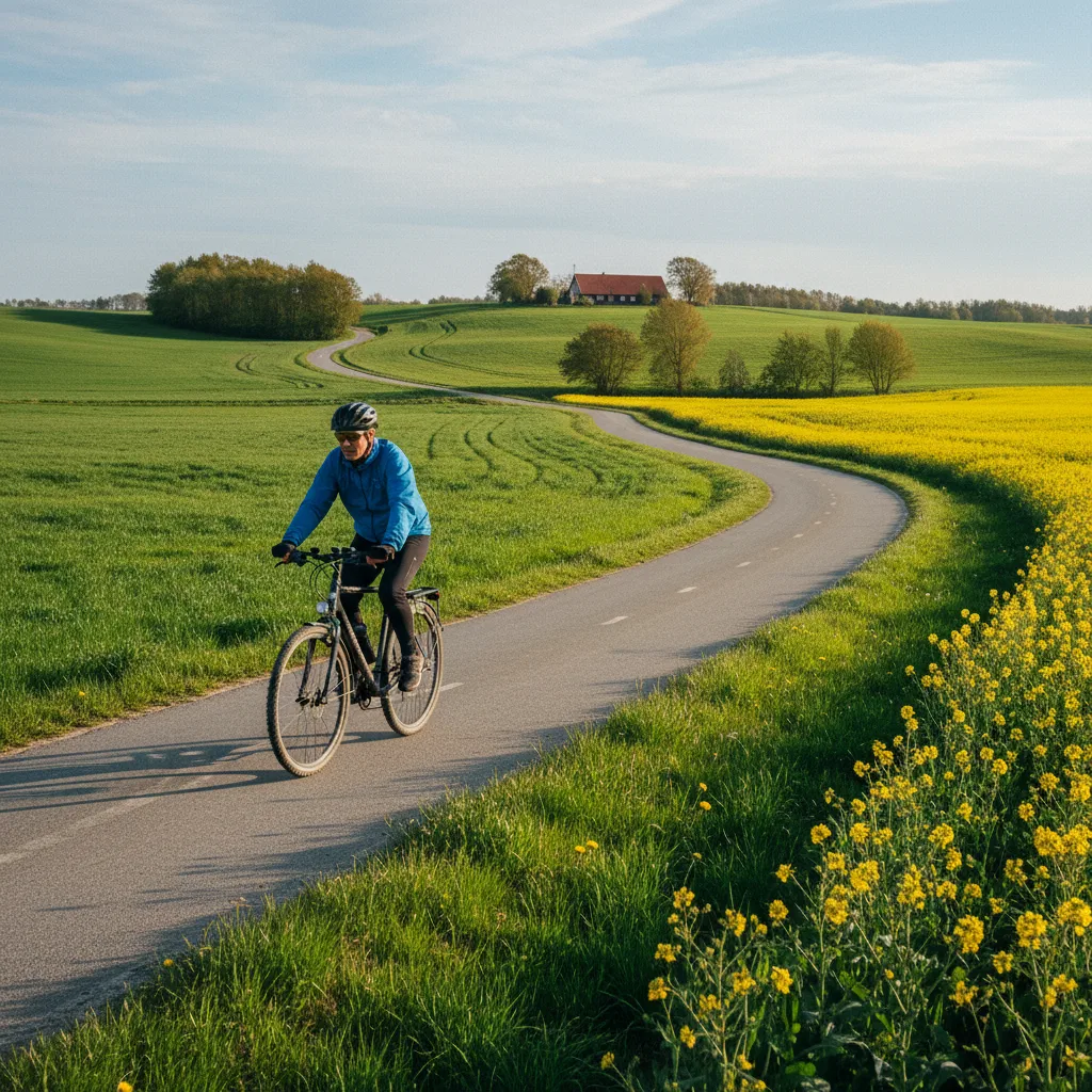 Radfahrer auf einem Radweg durch die dänische Frühlingslandschaft