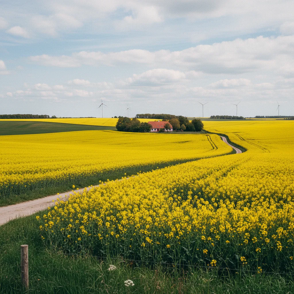 Blühendes Rapsfeld in der dänischen Landschaft