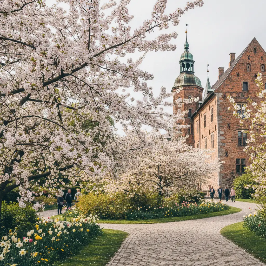 Dänisches Schloss mit blühendem Garten im Frühling