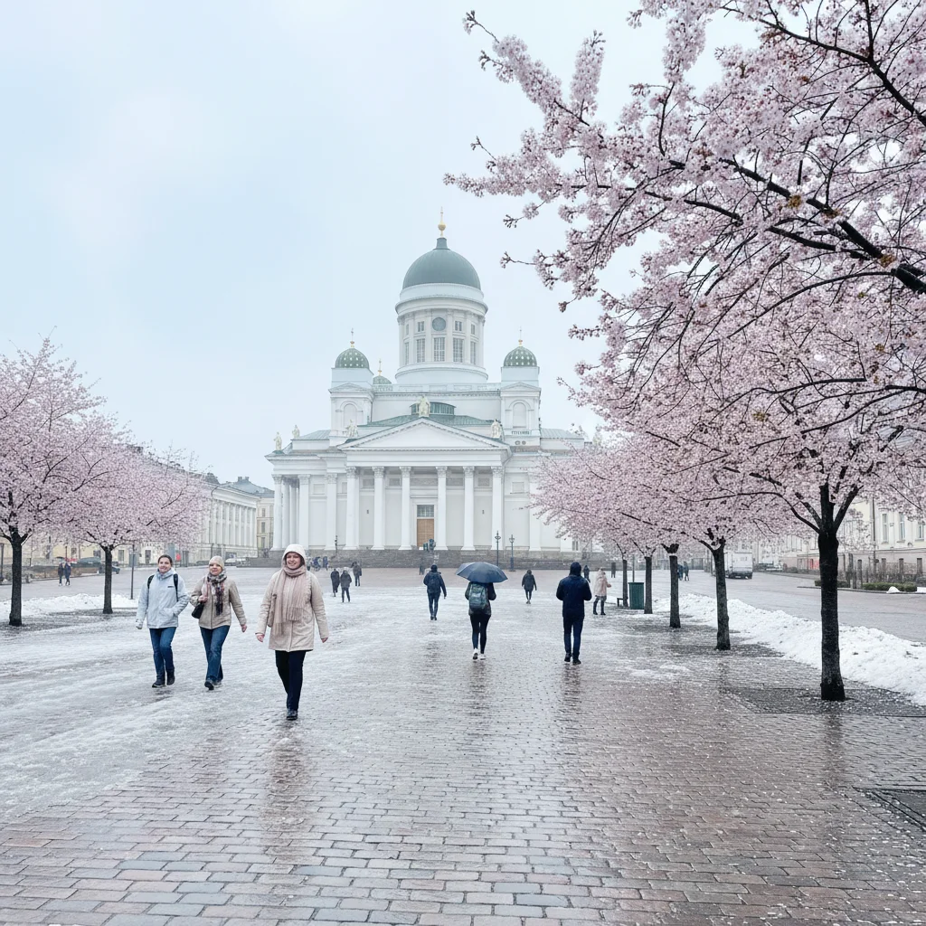 Helsinki im Frühling mit blühenden Bäumen und Sonnenschein