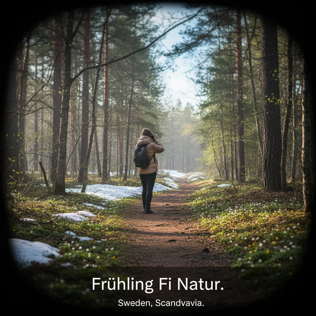 Finnische Frühlingsnatur mit grünem Wald und blauem Himmel