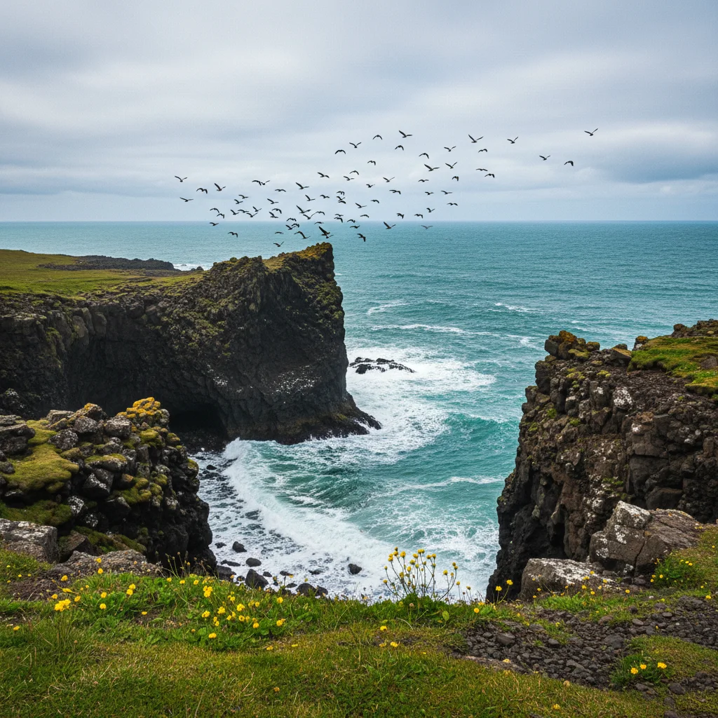 Zugvögel über isländischer Küstenlandschaft im Frühling