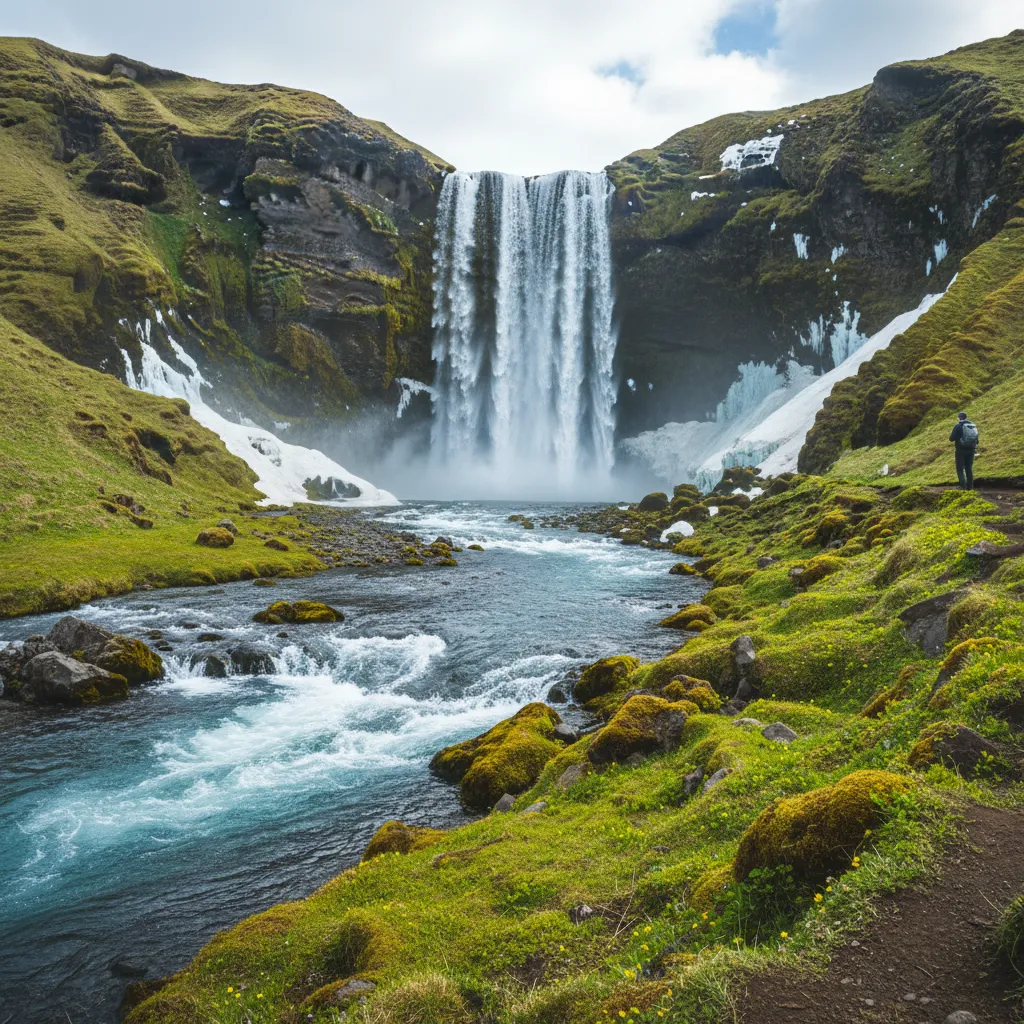 Wasserfall auf Island im Frühling mit Schneeresten und grünem Moos