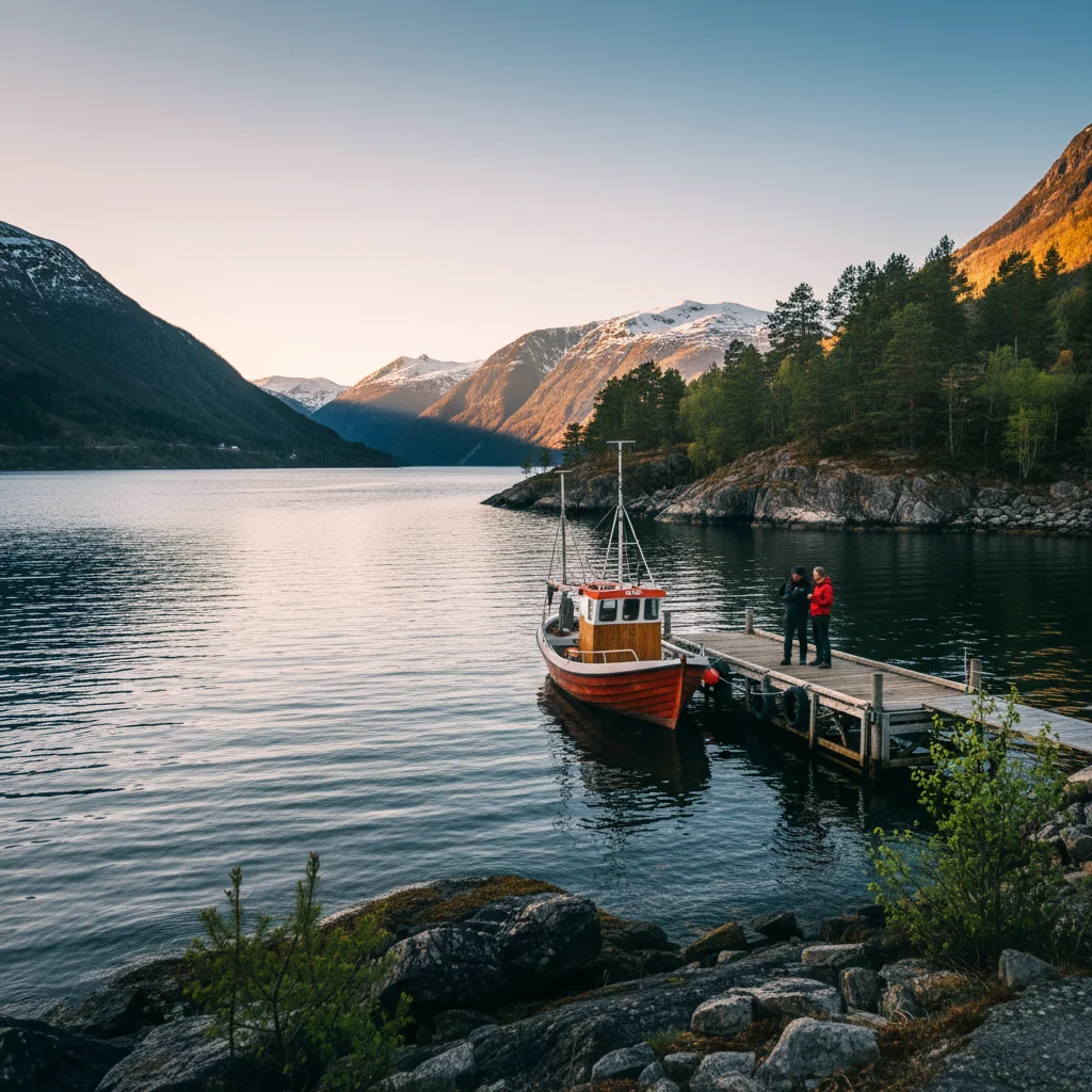 Langer Frühlingsabend an einem norwegischen Fjord mit goldenem Licht