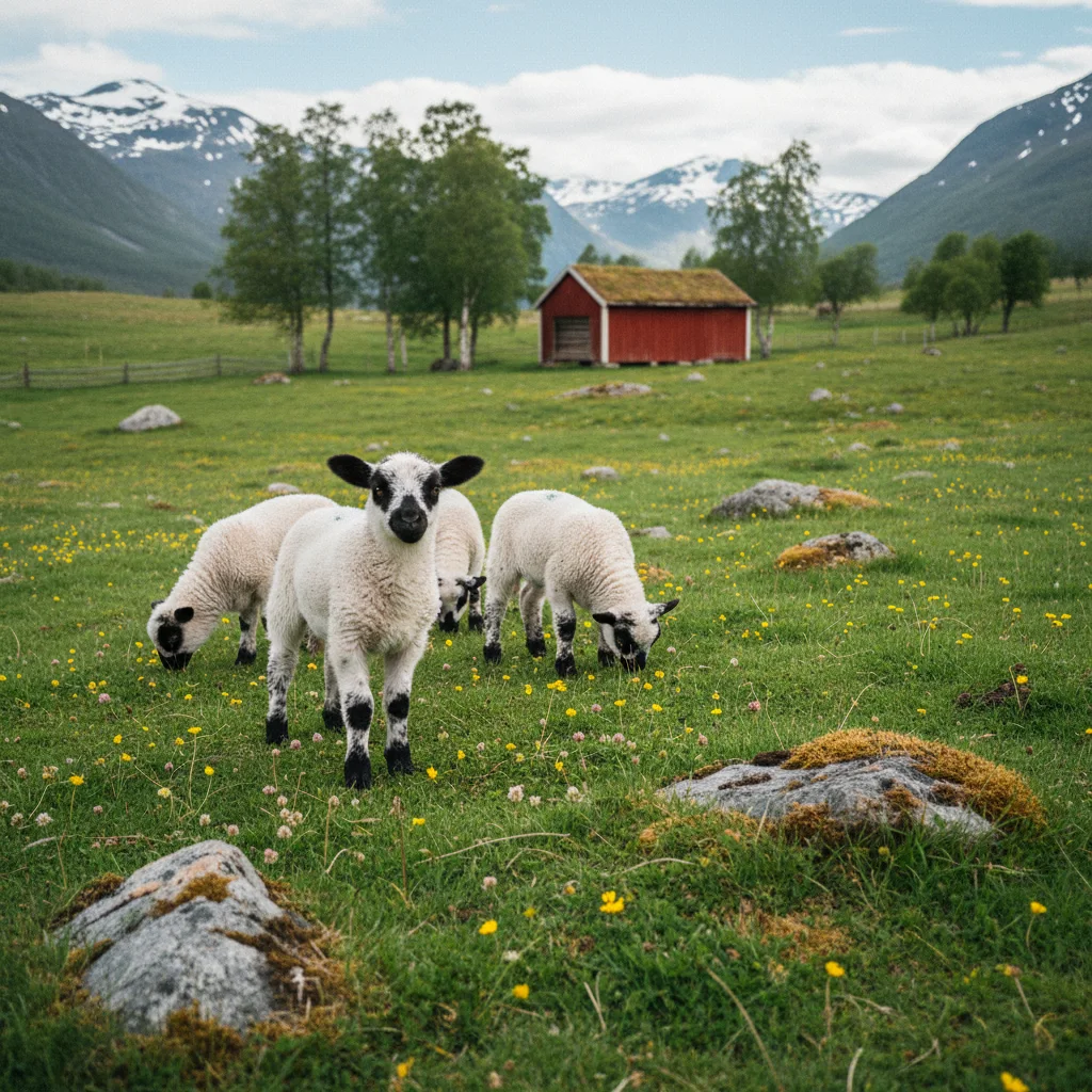 Junge Lämmer auf einer grünen Weide in Norwegen im Frühling