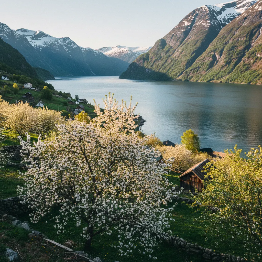 Blühende Obstbäume am Hardangerfjord in Norwegen
