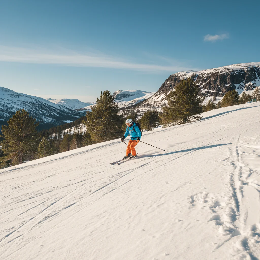 Skifahrer auf einer sonnigen Frühjahrs-Piste in den norwegischen Bergen