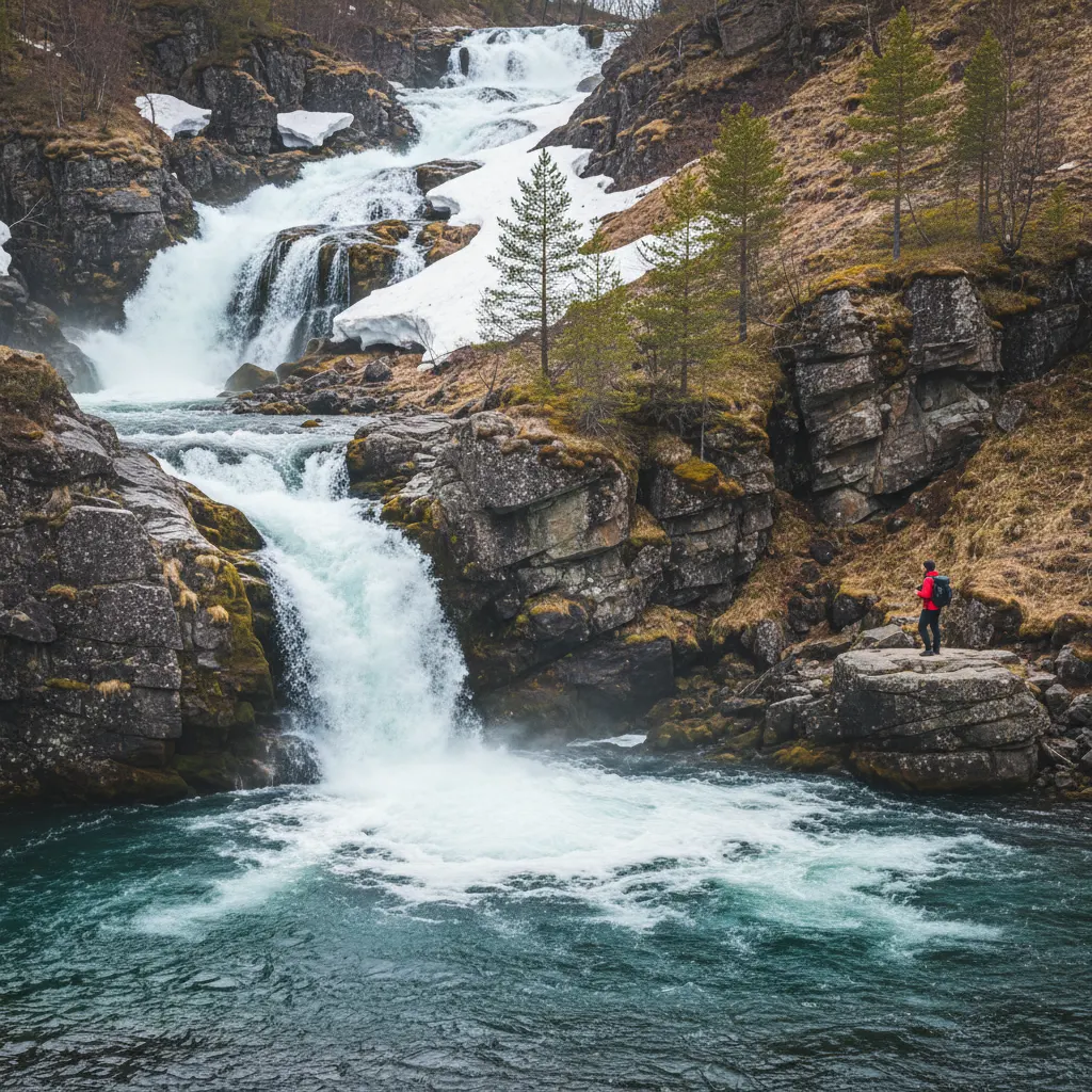 Tosender Wasserfall in Norwegen gespeist von Schmelzwasser im Frühling