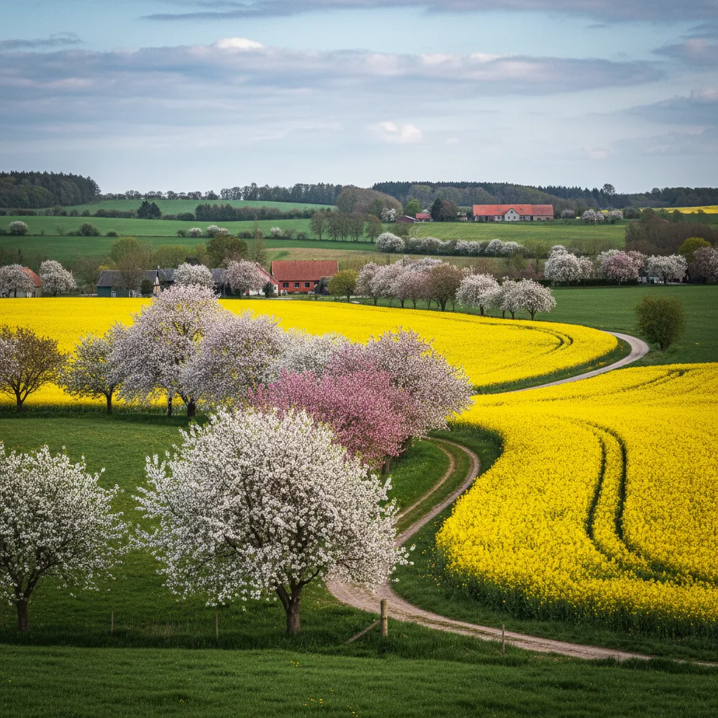 Blühende Obstbäume und Rapsfelder auf Fünen im Frühling