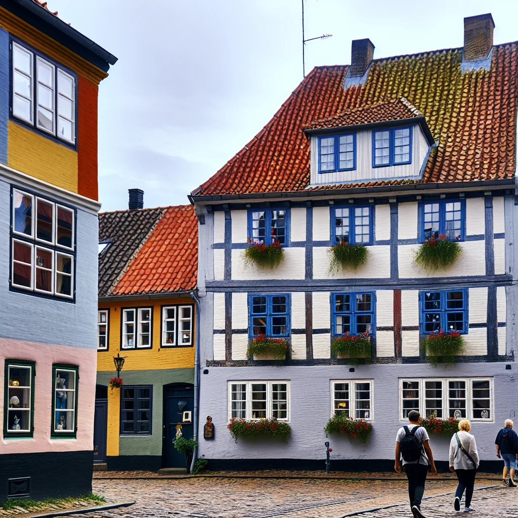 Altstadt von Odense mit bunten Fachwerkhäusern und Kopfsteinpflaster