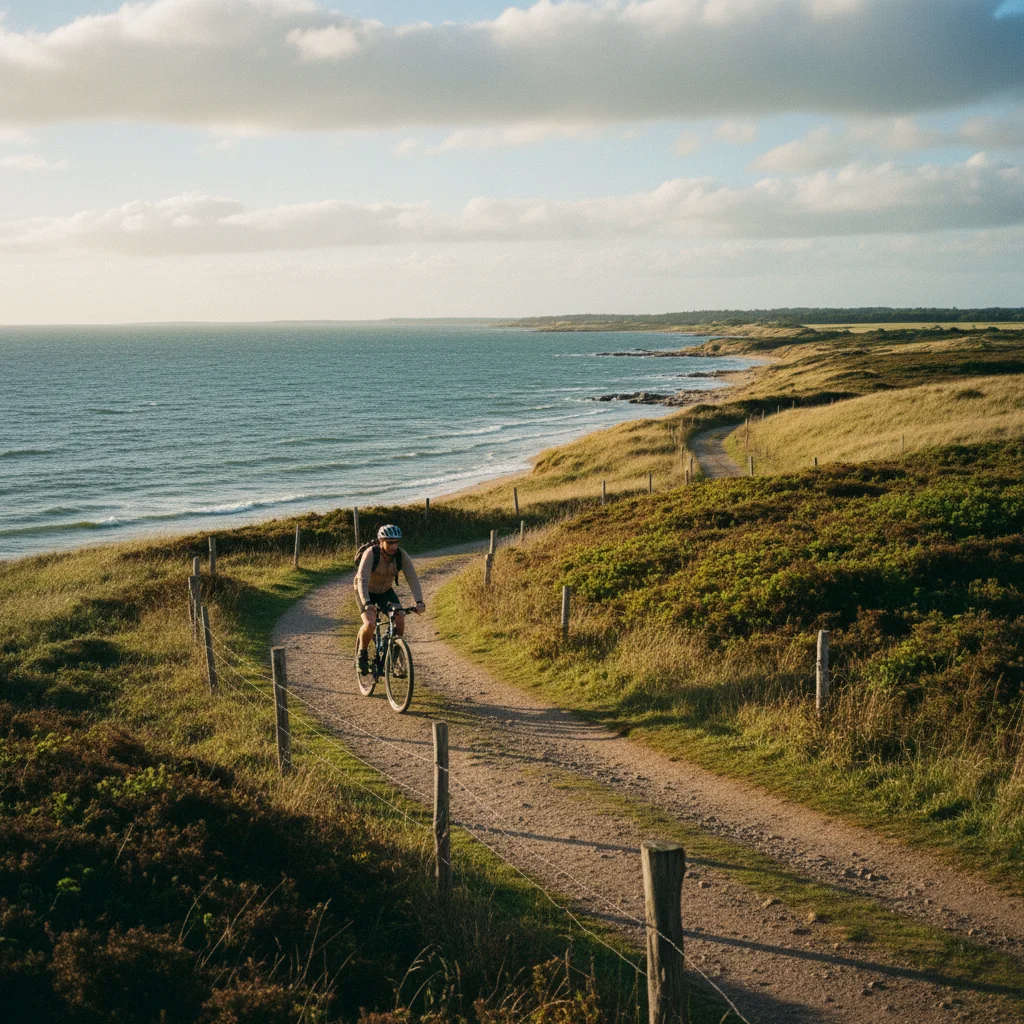 Radfahrer auf einem Küstenweg auf Fünen mit Blick auf die Ostsee