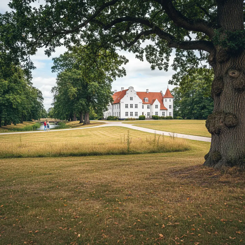 Historisches Herrenhaus auf Fünen umgeben von parkartiger Landschaft