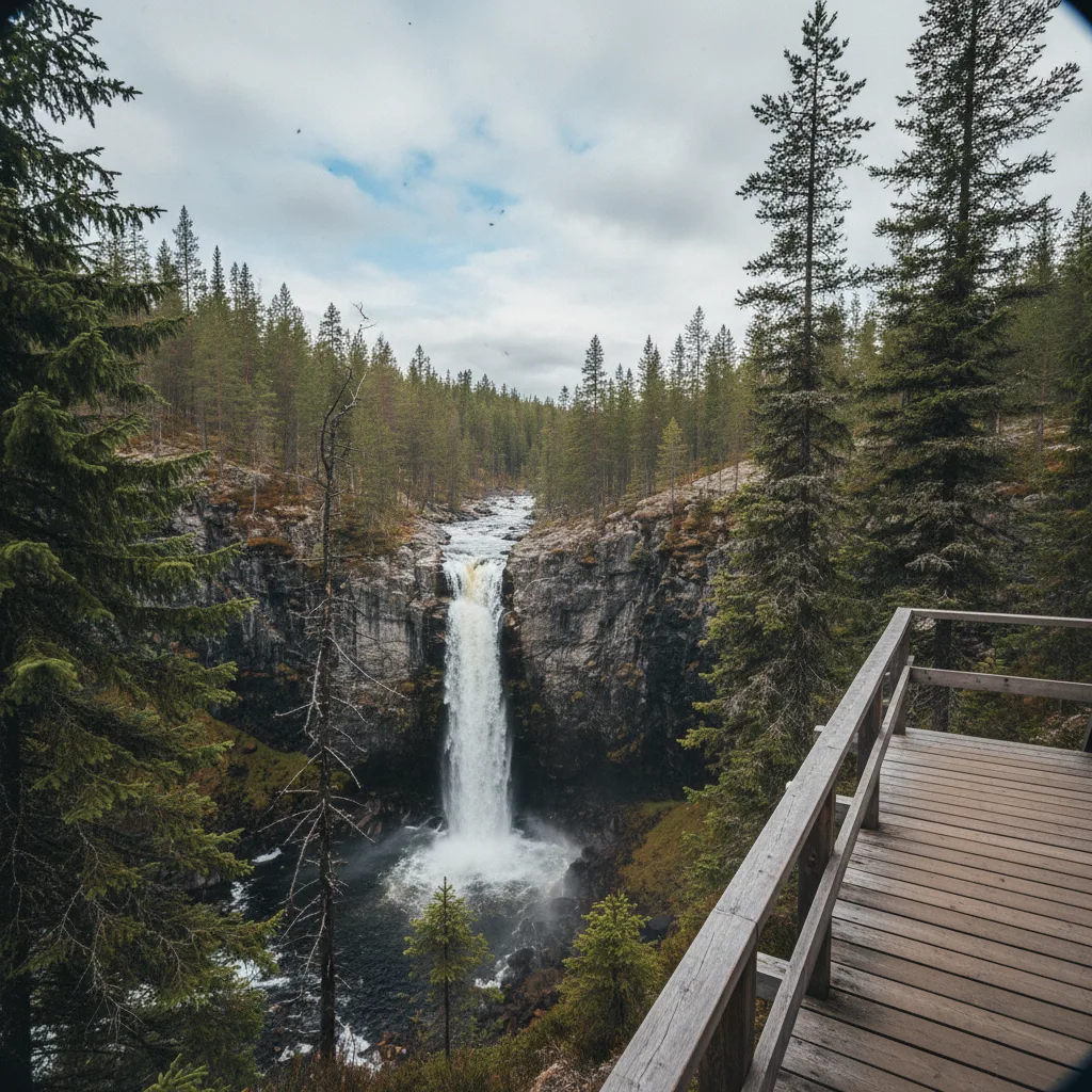 Der Njupeskär-Wasserfall im Fulufjället Nationalpark stürzt über eine hohe Sandsteinkante in die Tiefe
