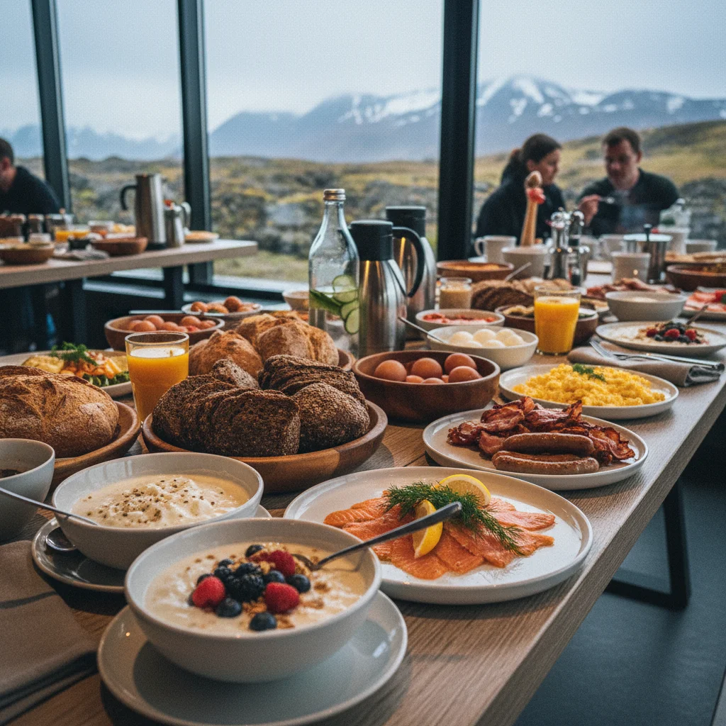 Reichhaltiges isländisches Frühstücksbuffet mit Skyr, Brot, Lachs und Eiern