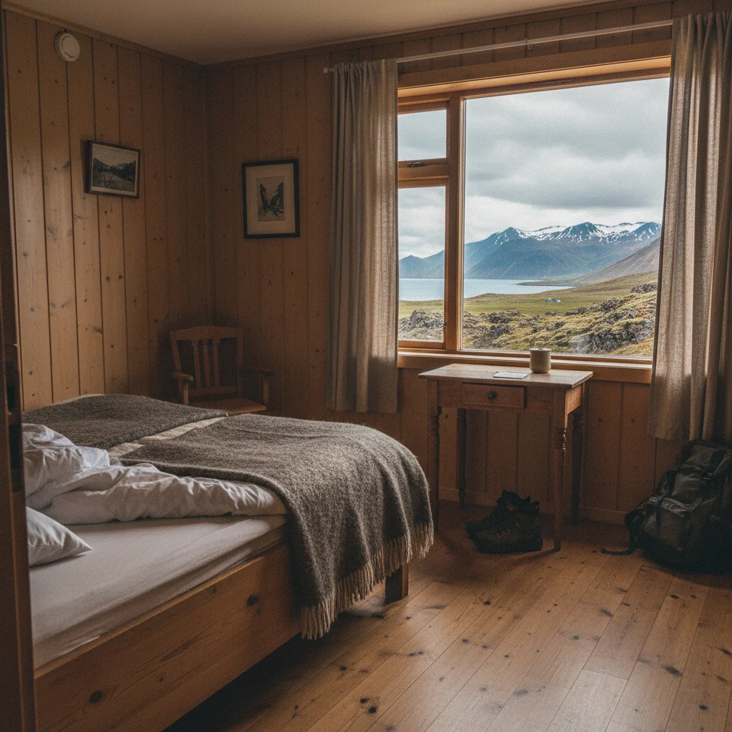 Gemütliches Zimmer in einem isländischen Gästehaus mit Holzmöbeln und Ausblick auf die Natur