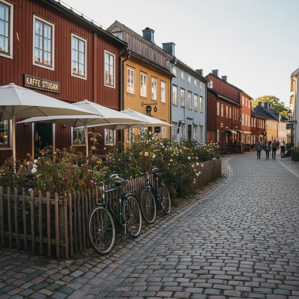 Altstadt von Gävle mit bunten Holzhäusern entlang des Flusses Gavleån