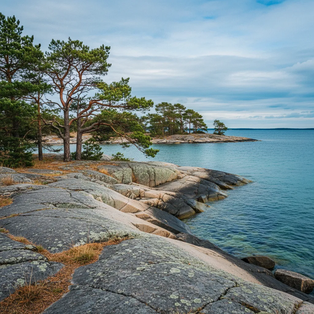 Küste von Gästrikland mit flachen Felsen, Kiefern und blauem Ostseewasser