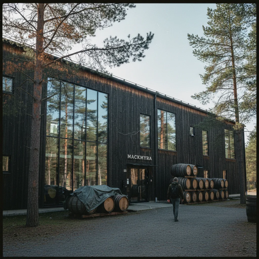 Mackmyra Whisky-Destillerie in Gästrikland, modernes Holzgebäude inmitten von Wald