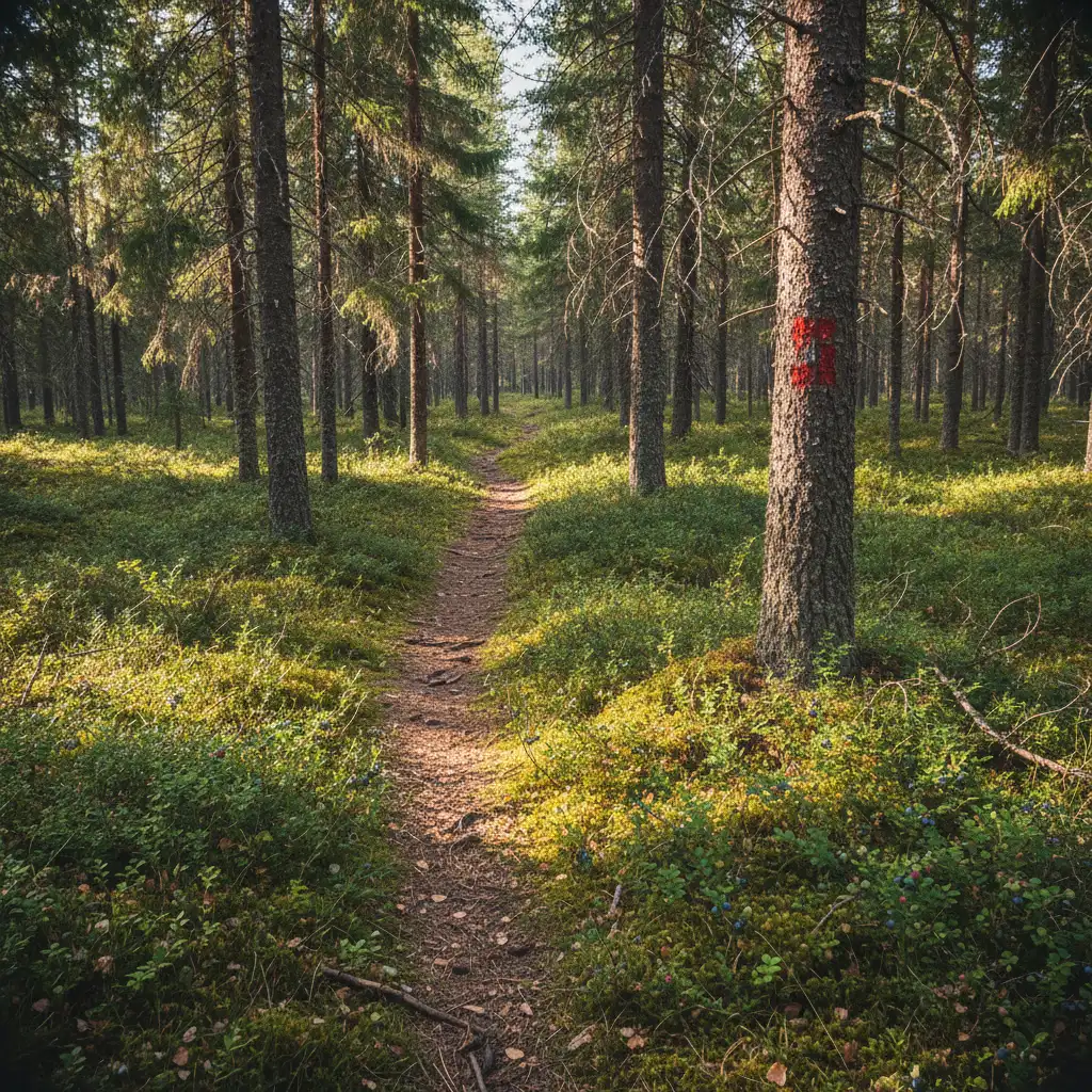 Dichter Kiefernwald in Gästrikland mit Moos und Waldweg im Herbstlicht