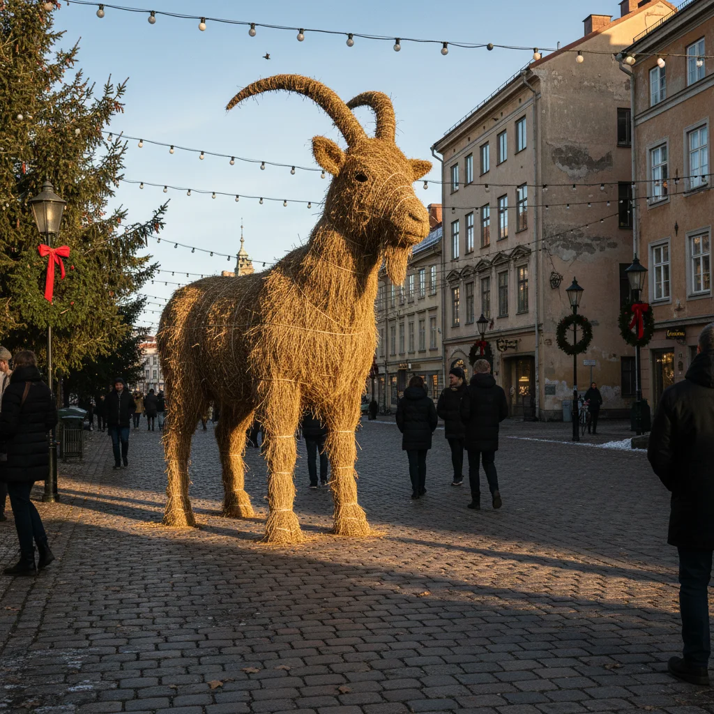 Der Gävlebocken, ein großer Strohbock auf dem Slottstorget in Gävle