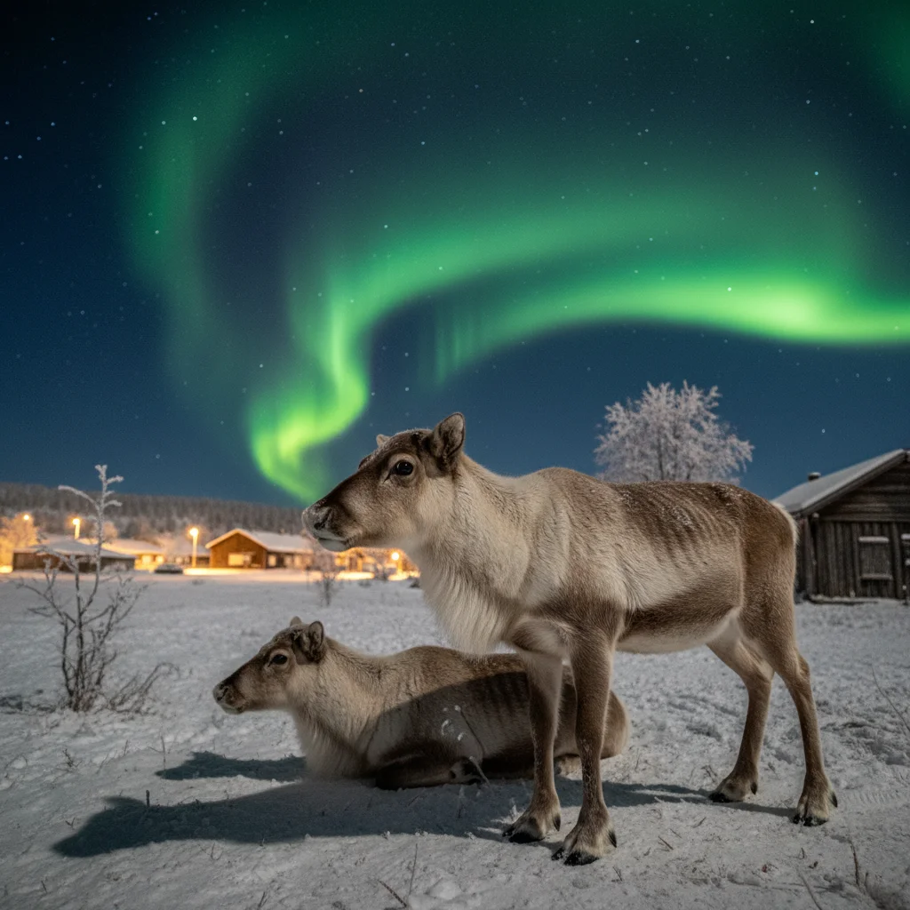 Nordlichter über Gällivare im Winter mit verschneiter Landschaft