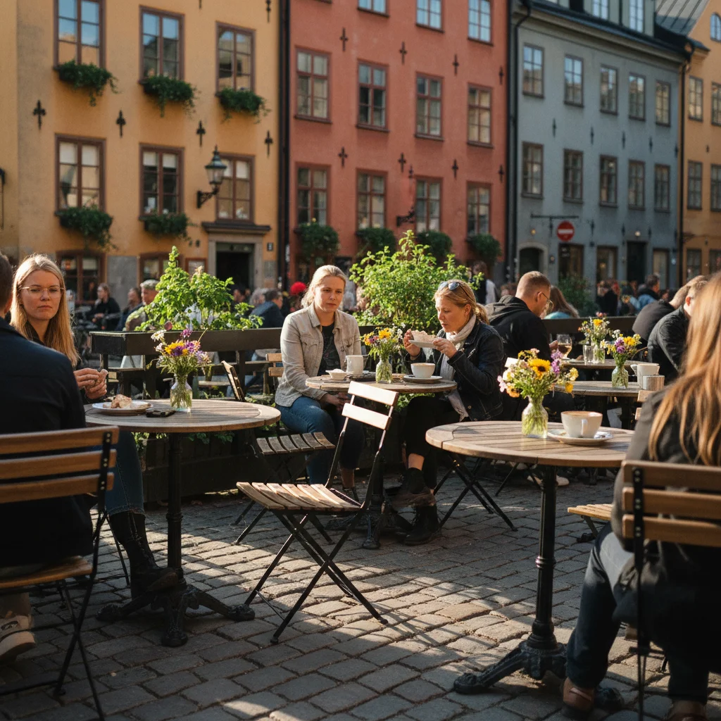 Gemütliche Café-Terrasse in einer Gasse von Gamla Stan
