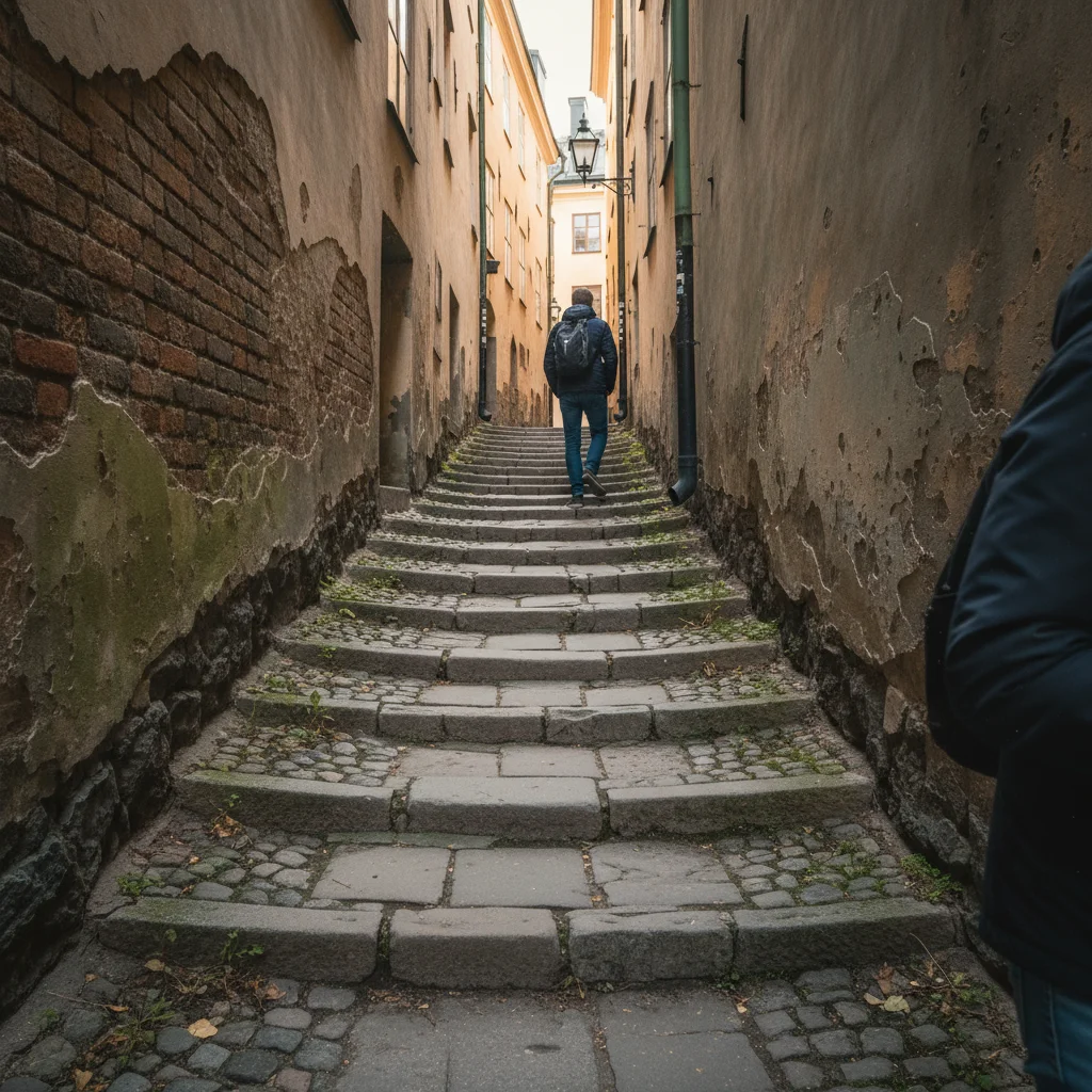 Enge mittelalterliche Gasse mit Kopfsteinpflaster in Gamla Stan