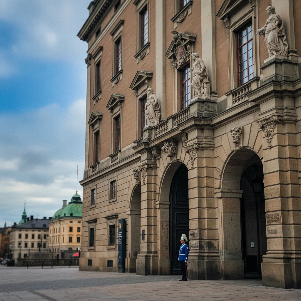 Die Barockfassade des Königlichen Schlosses in Stockholm mit Wache
