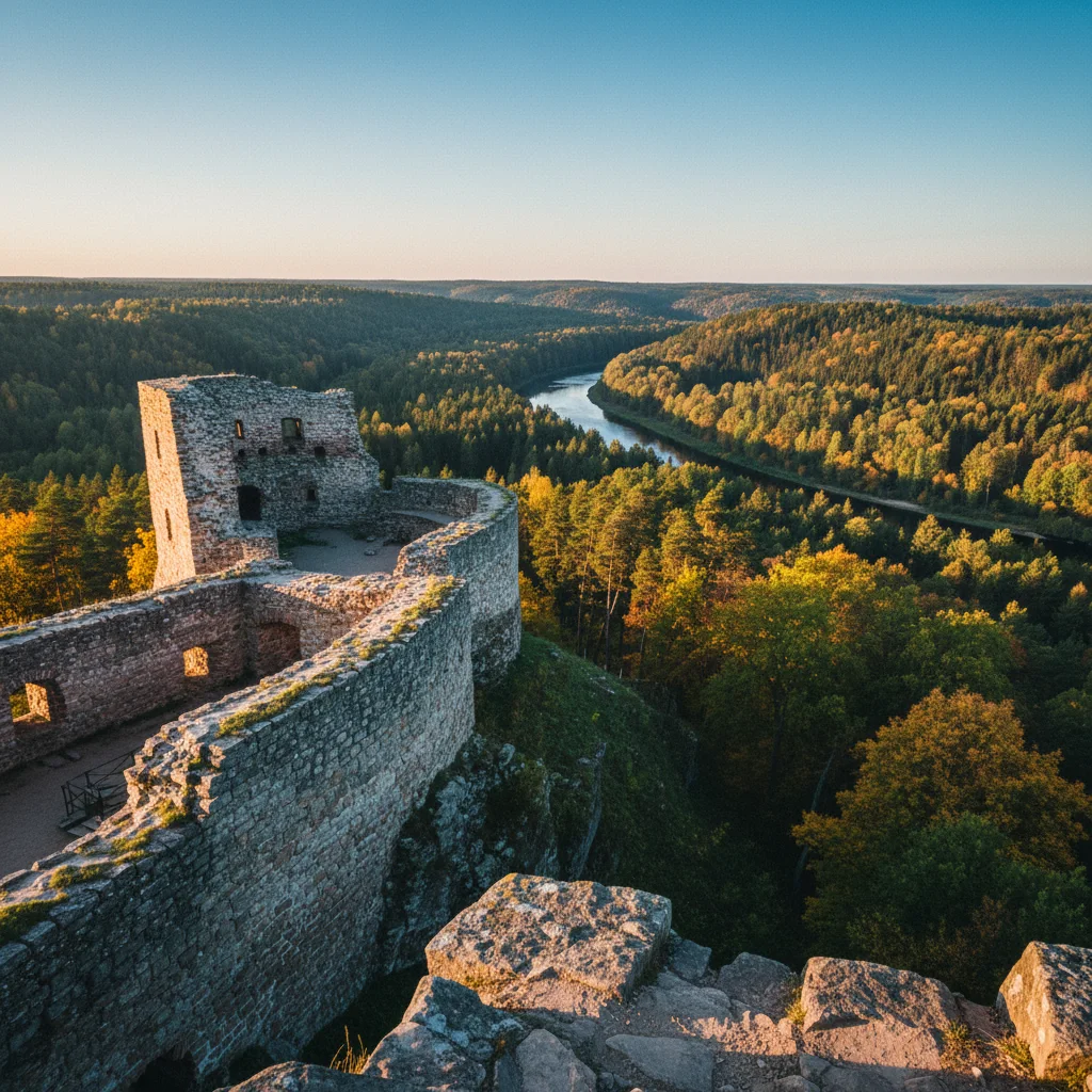 Burgruine Sigulda über dem bewaldeten Gauja-Tal
