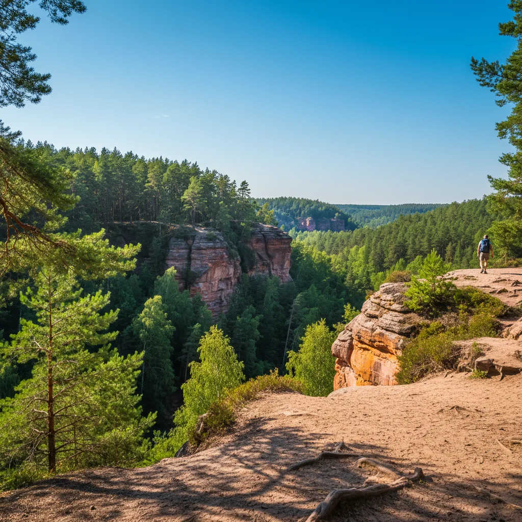 Blick über das bewaldete Gauja-Tal mit Sandsteinfelsen