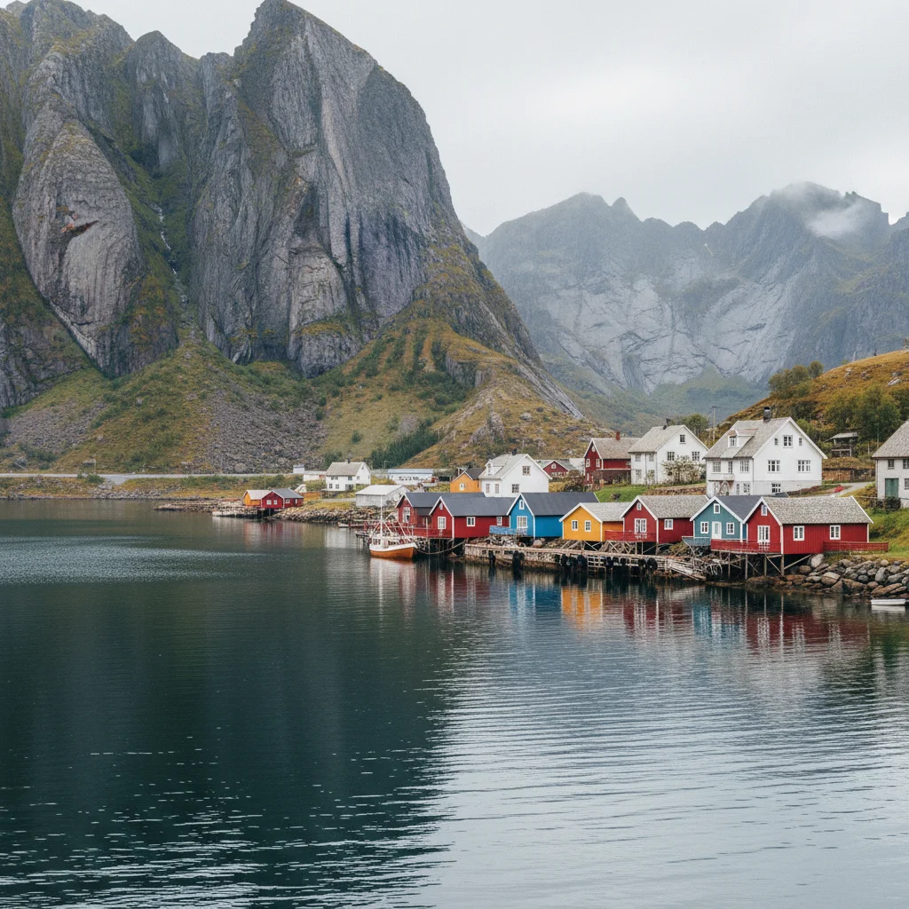 Kleines Fjorddorf in Ryfylke mit bunten Haeusern