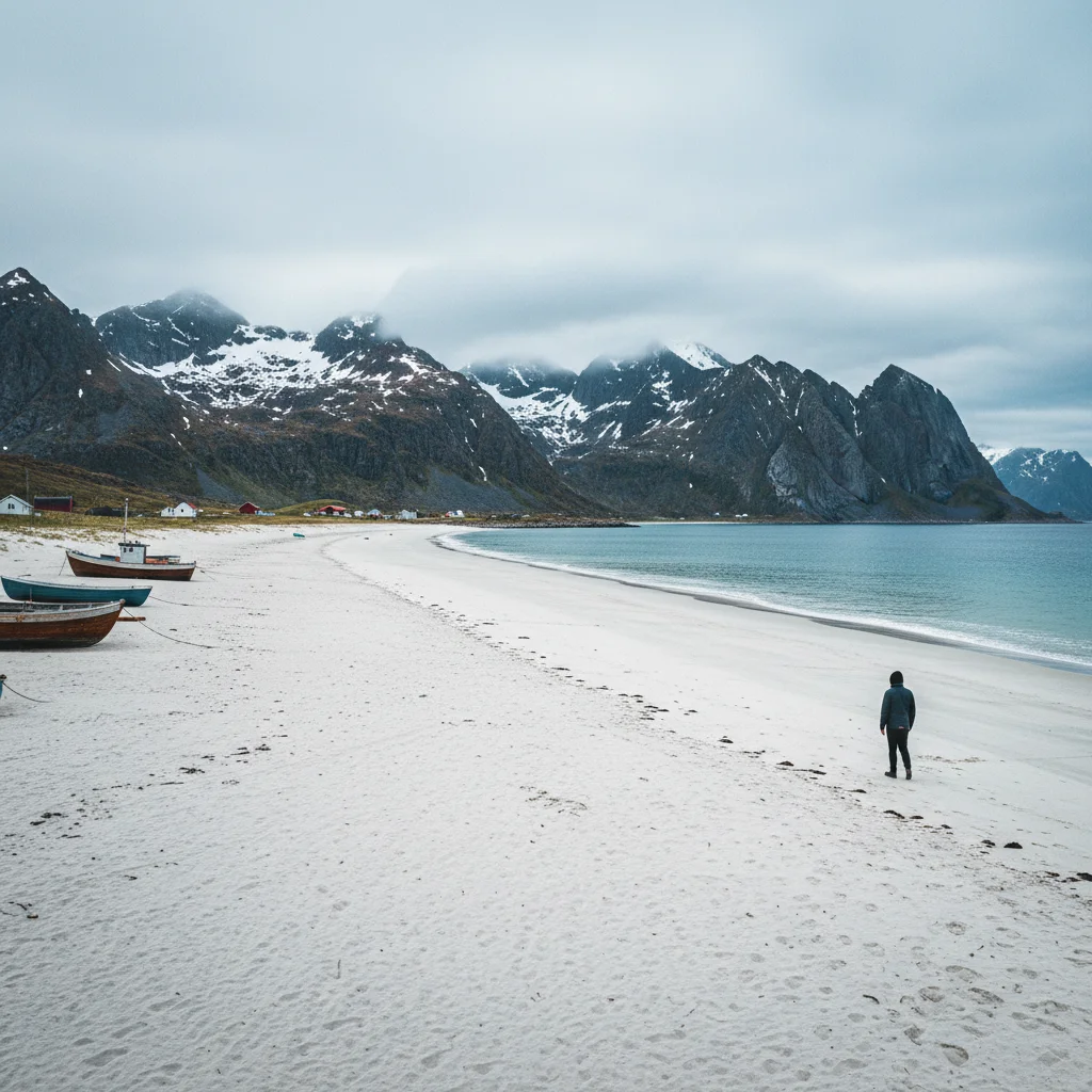 Weisser Strand auf Senja mit Bergen im Hintergrund