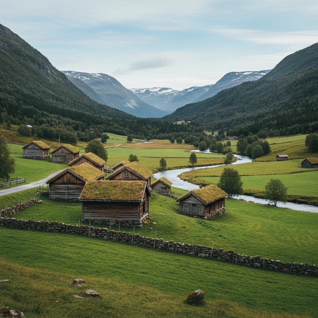Gruenes Tal in Setesdal mit traditionellen Hoefen