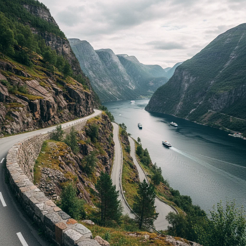 Die Adlerstraße mit ihren Serpentinen hoch über dem Geirangerfjord
