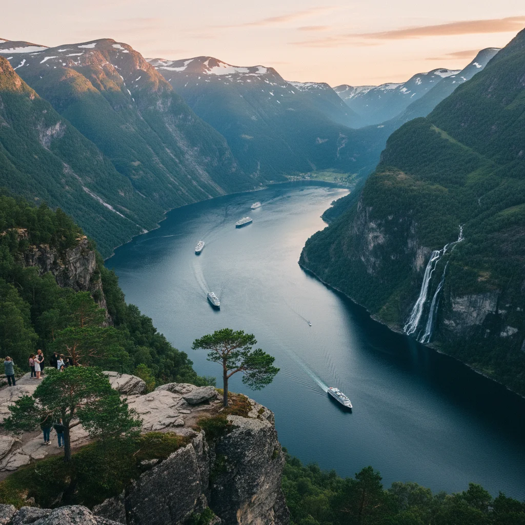 Blick vom Flydalsjuvet Aussichtspunkt auf den Geirangerfjord