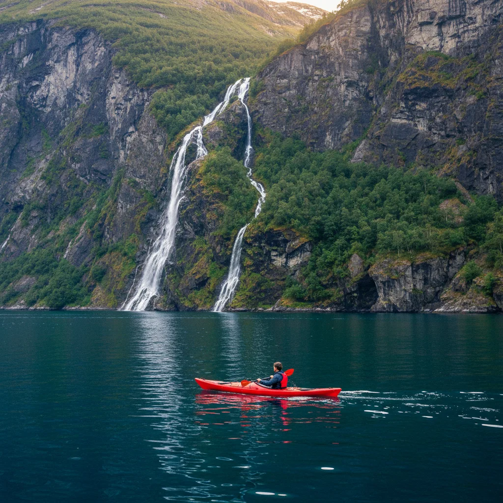 Kajakfahrer auf dem ruhigen Geirangerfjord mit Wasserfällen im Hintergrund