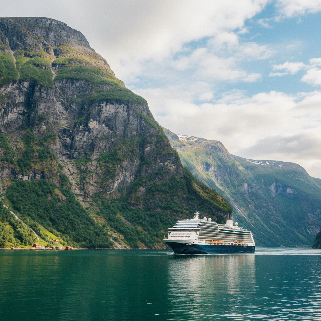 Kreuzfahrtschiff im Geirangerfjord zwischen steilen Bergen