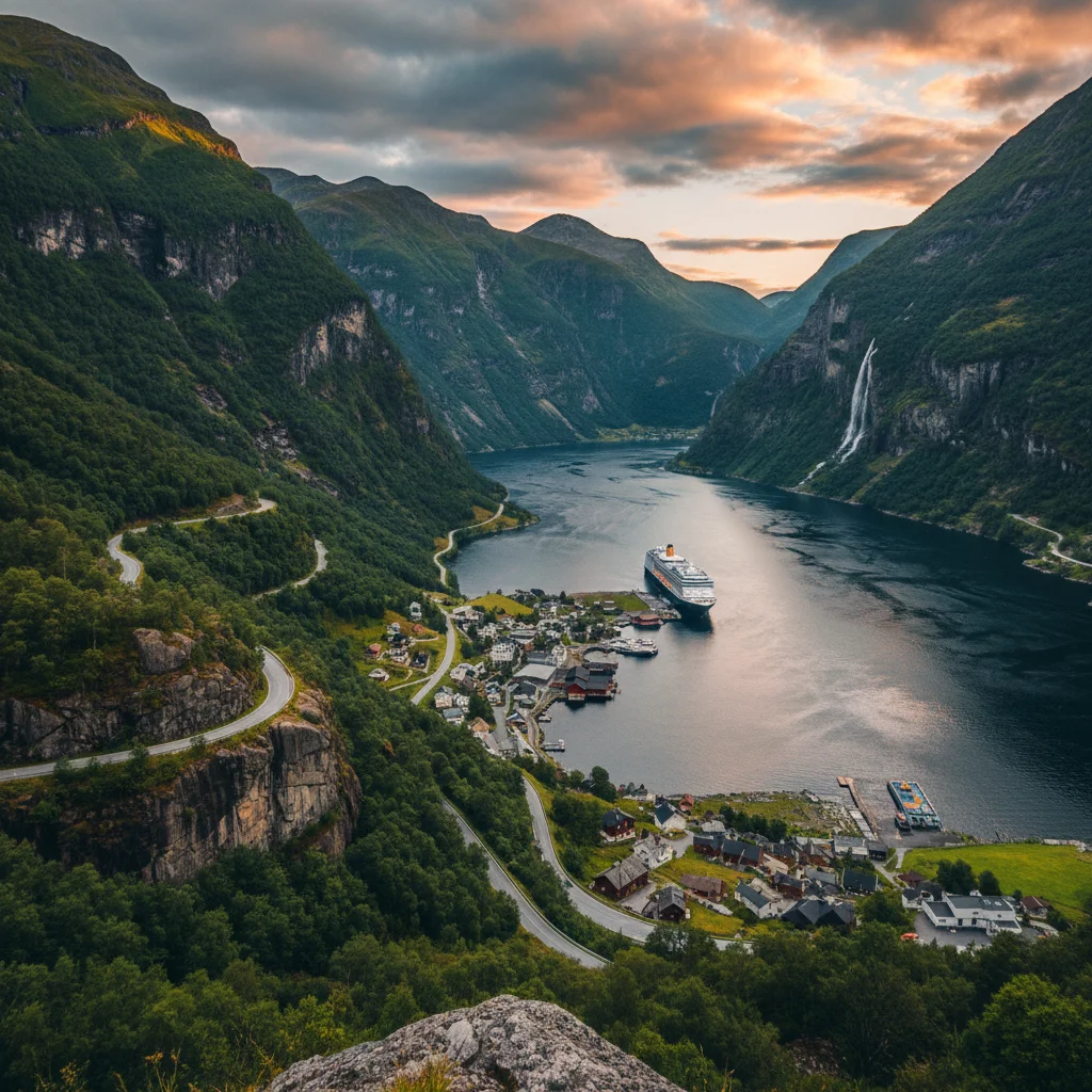 Blick auf den Ort Geiranger am Ende des Geirangerfjords