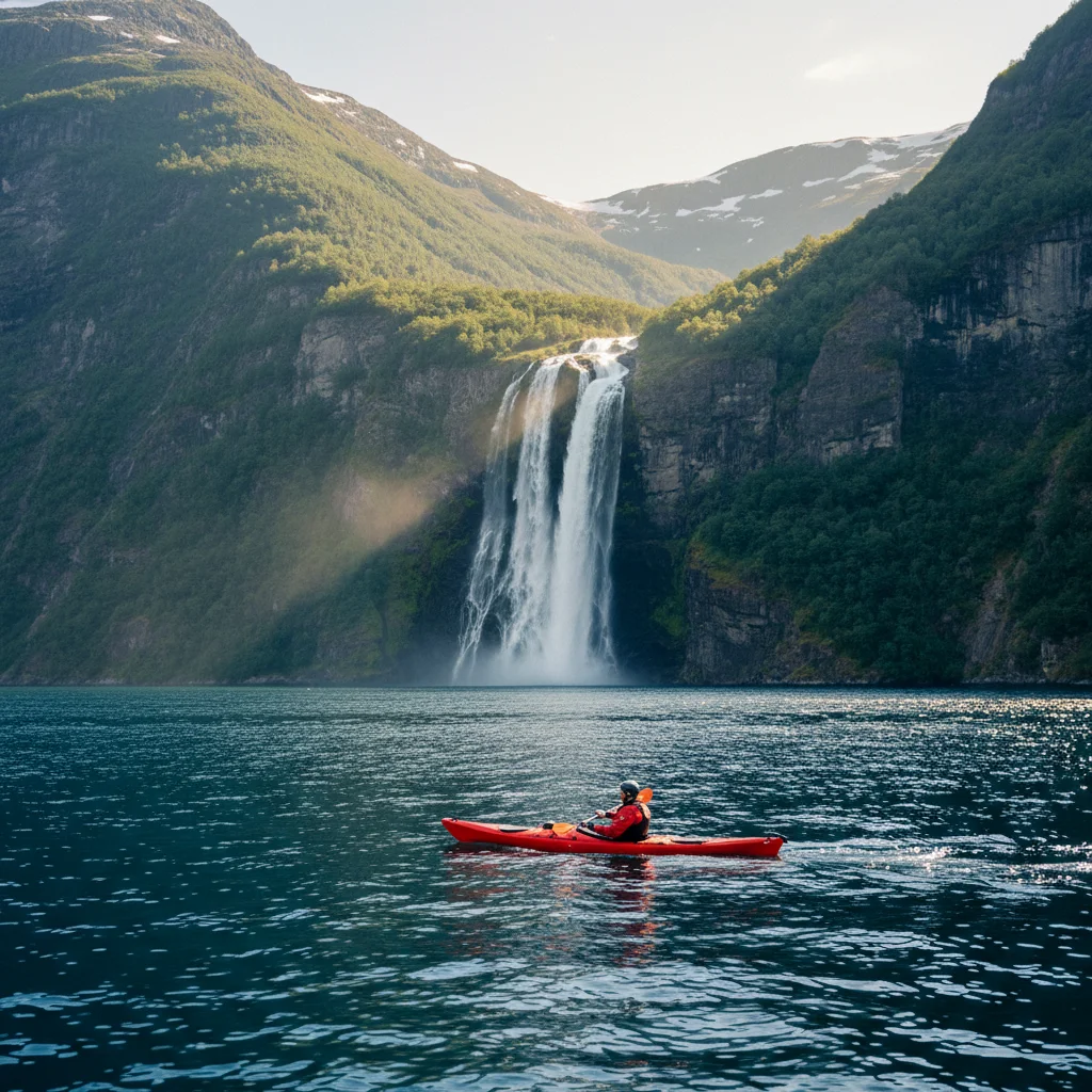 Kajakfahrer auf dem Geirangerfjord mit Wasserfall im Hintergrund