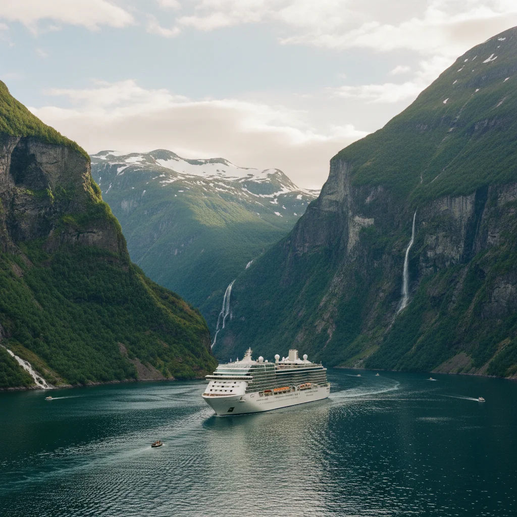 Kreuzfahrtschiff im Geirangerfjord zwischen steilen Felswänden