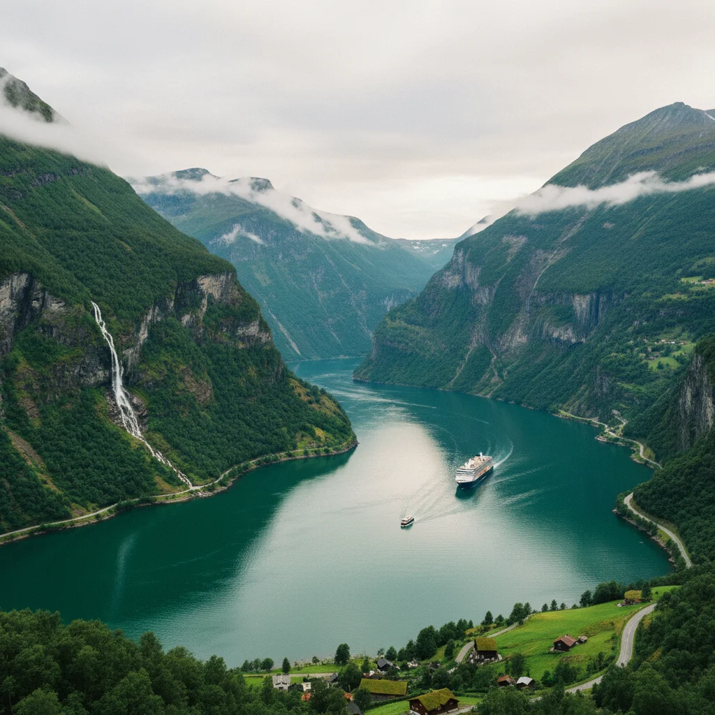 Panoramablick auf den Geirangerfjord mit grünem Wasser und steilen Bergen