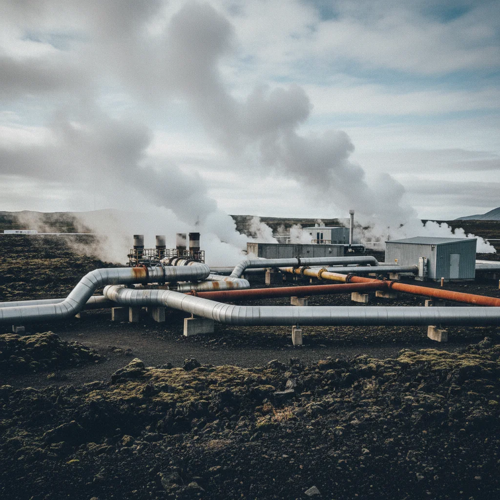 Geothermiekraftwerk auf Island mit aufsteigendem Dampf und Rohrleitungen